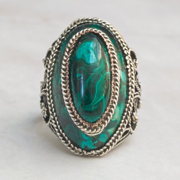 Vintage 800 Silver Malachite Mosaic Filigree Statement Ring – Size 7 - Picture 3 of 8
